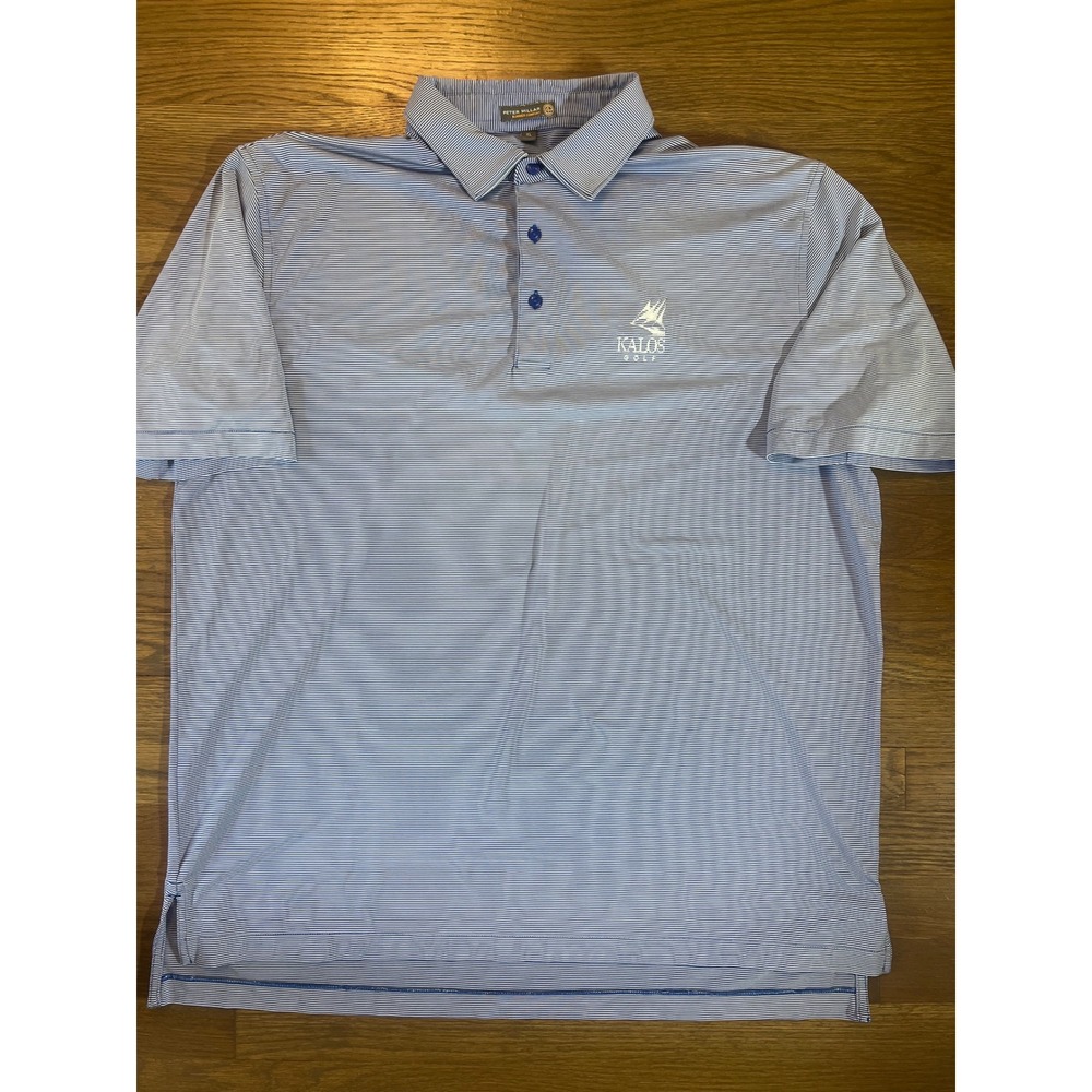 Peter Millar Summer Comfort Polo Shirt Mens XL Blue White Stripe Kalos Golf Logo